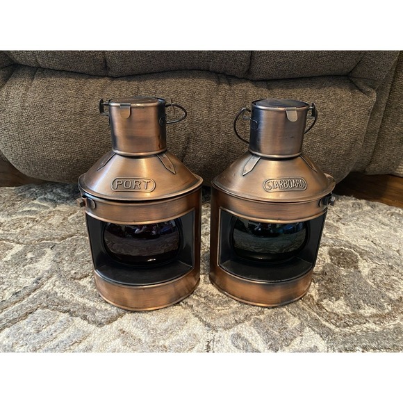 2 Copper Port Starboard Nautical Tealight Flicker Candle Lanterns Red And Green - Picture 1 of 6